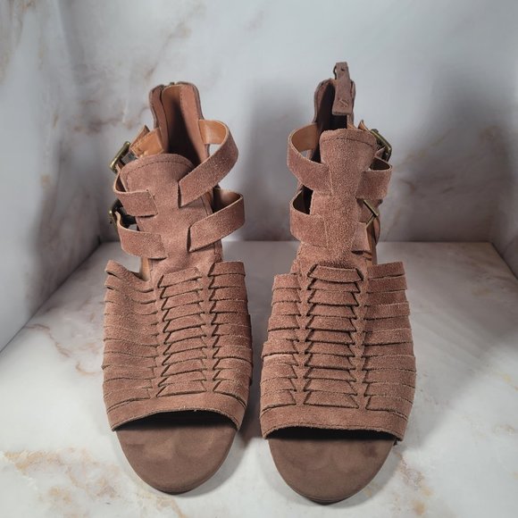Zodiac Light Brown Suede Leather Woven Sandal Heels - Picture 2 of 7